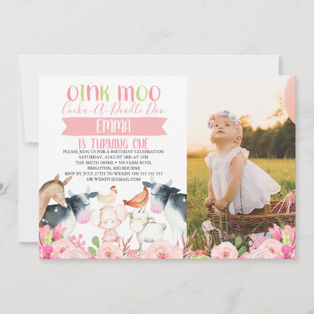Invitación de cumpleaños con foto de granja floral (Anverso)