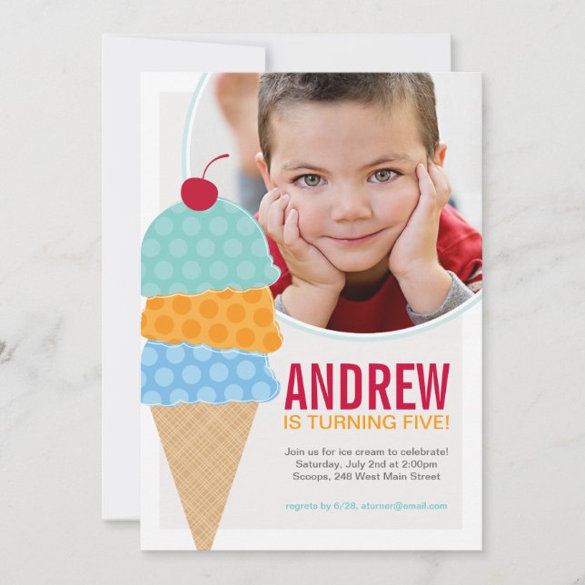 Invitación de cumpleaños con foto de helado en Aqu (Anverso)