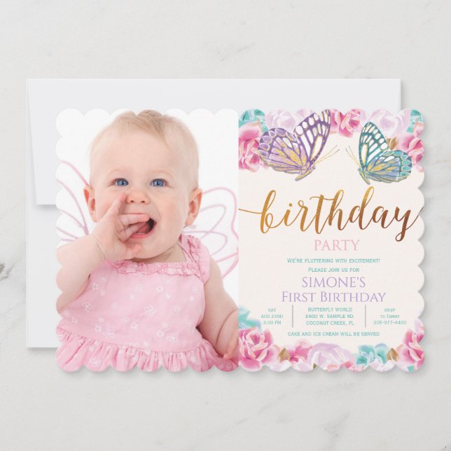 Invitación de cumpleaños con foto de mariposa para (Anverso)