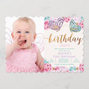 Invitación de cumpleaños con foto de mariposa para