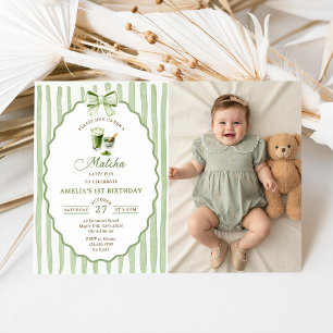 Invitación de cumpleaños con foto de Matcha y lazo