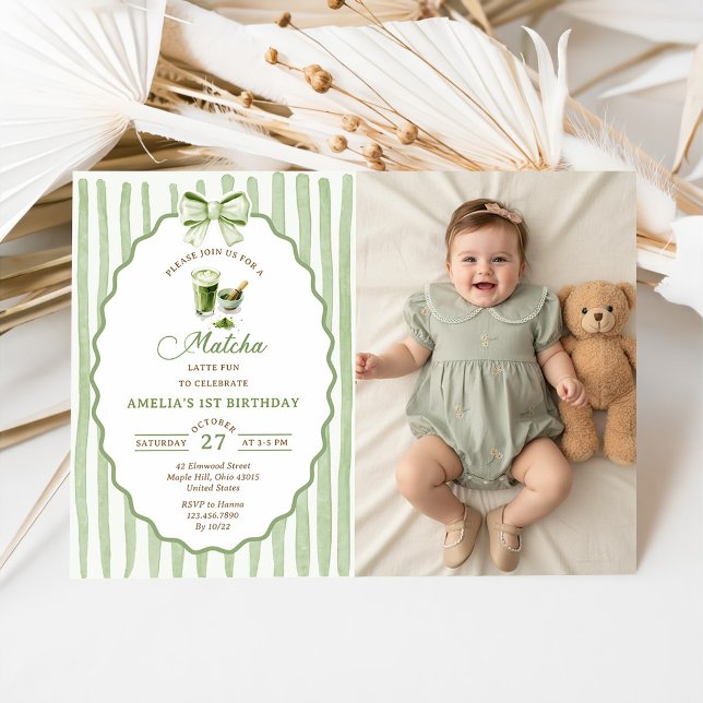 Invitación de cumpleaños con foto de Matcha y lazo (Subido por el creador)