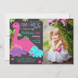 Invitación de cumpleaños con foto de niña dinosaur