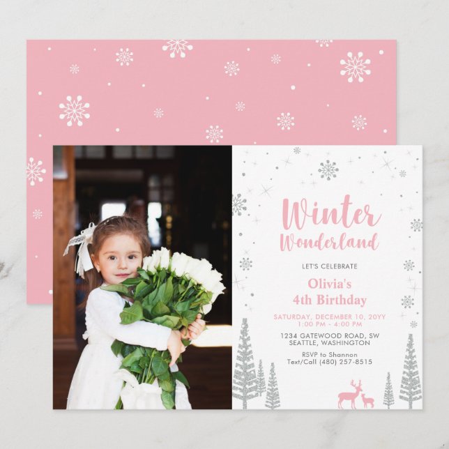 Invitación de cumpleaños con foto de niña en Winte (Anverso / Reverso)
