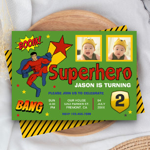Invitación de cumpleaños con foto de niños superhé