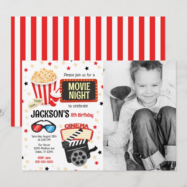 Invitación de cumpleaños con foto de noche de cine (Anverso / Reverso)
