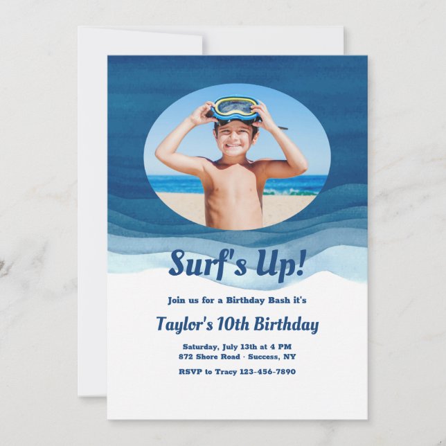 Invitación de cumpleaños con foto de olas azules (Anverso)