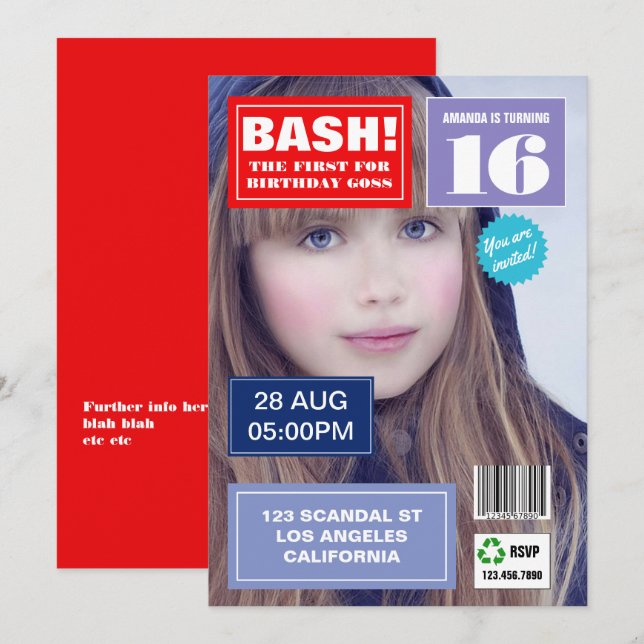 invitación de cumpleaños con foto de portada de re (Anverso / Reverso)