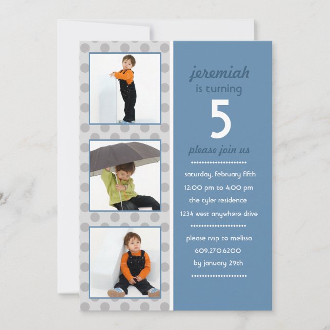 Invitación de cumpleaños con foto de punto moderno (Anverso)