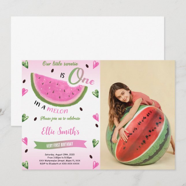 Invitación de cumpleaños con foto de sandía (Anverso / Reverso)