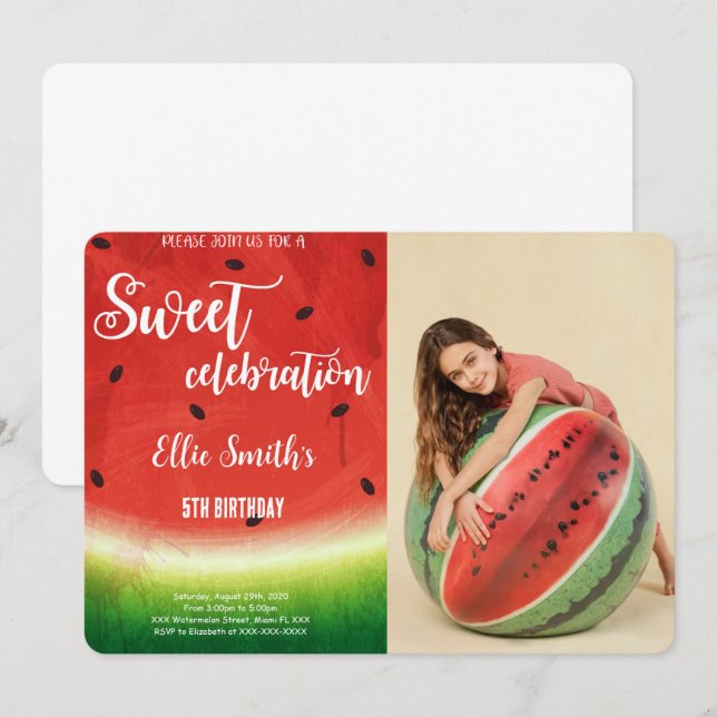 Invitación de cumpleaños con foto de sandía editab (Anverso / Reverso)