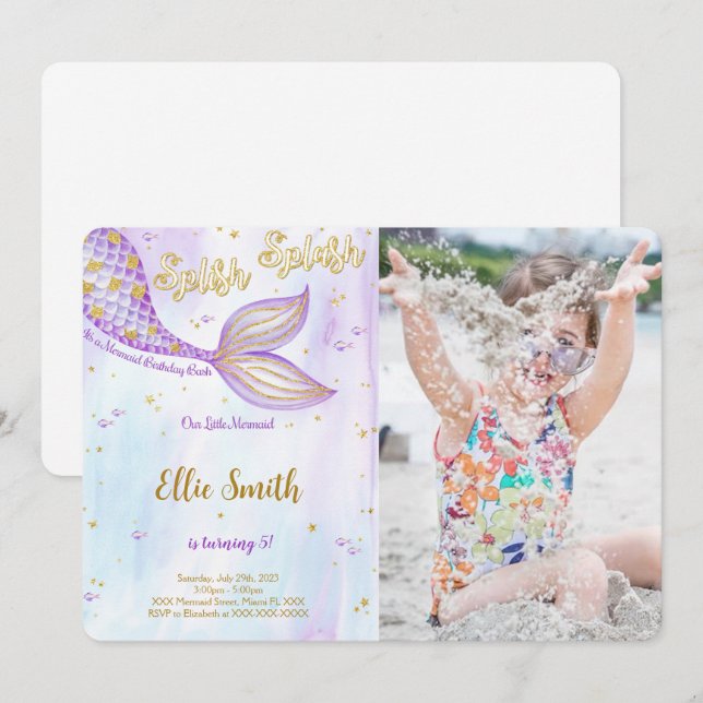 Invitación de cumpleaños con foto de sirena (Anverso / Reverso)