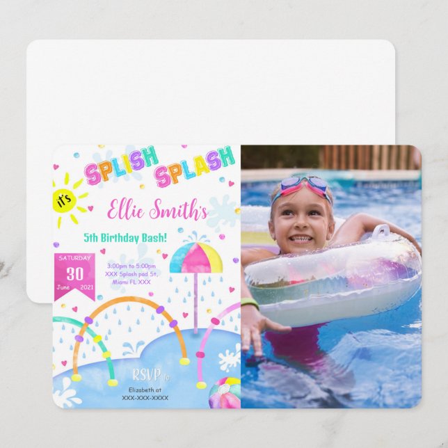 Invitación de cumpleaños con foto de Splash Pad ed (Anverso / Reverso)
