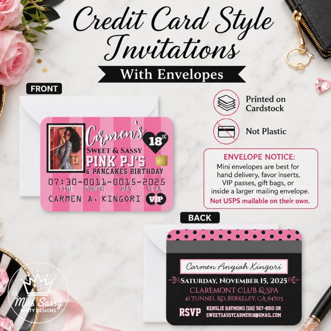 Invitación de cumpleaños con foto de tarjeta de cr (Front and back pink credit card style birthday invite, mini cardstock VIP party invitation)