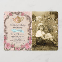 Invitación de cumpleaños con foto de té vintage pa