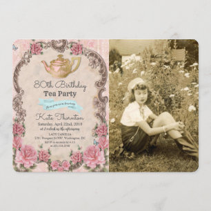 Invitación de cumpleaños con foto de té vintage pa