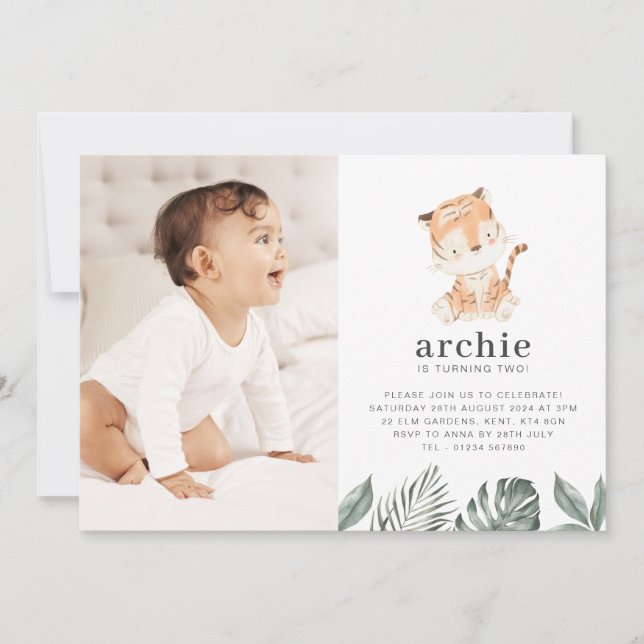Invitación de cumpleaños con foto de tigre (Anverso)