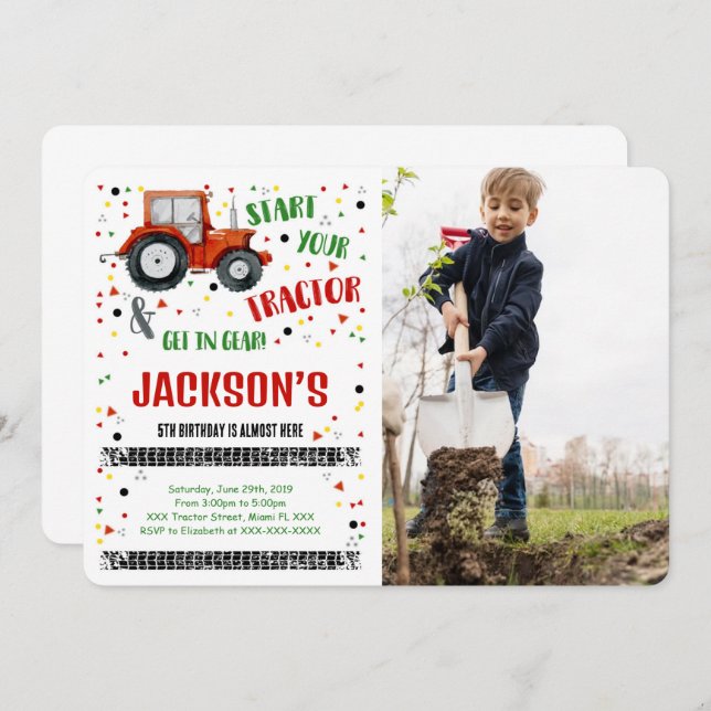 Invitación de cumpleaños con foto de tractor (Anverso / Reverso)