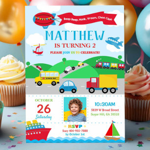 Invitación de cumpleaños con foto de transporte Ni