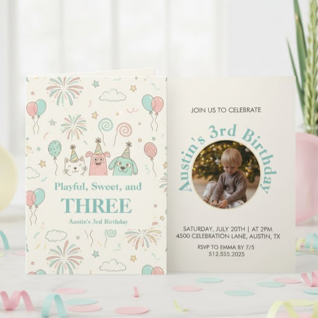 Invitación de cumpleaños con foto de tres niños, d (Subido por el creador)