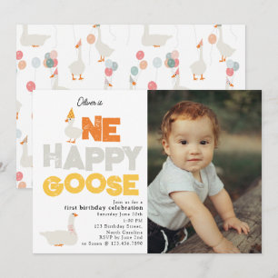 Invitación de cumpleaños con foto de un ganso feli