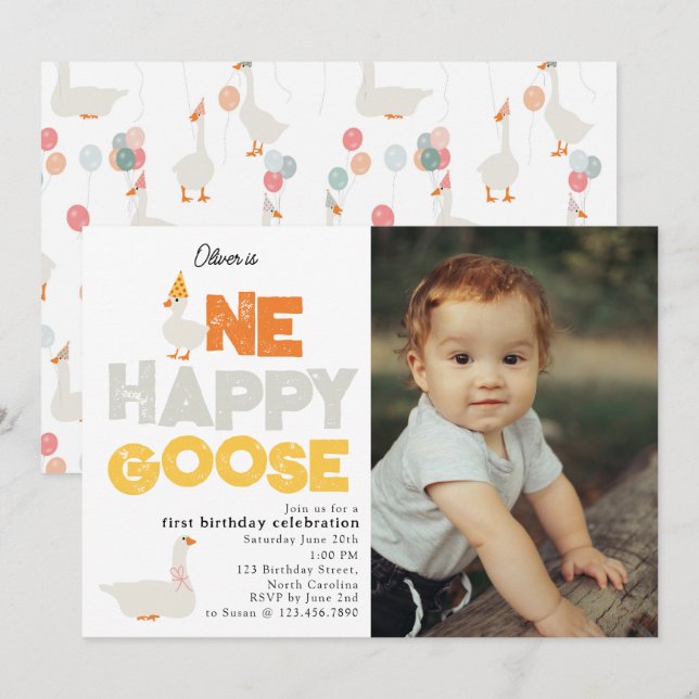 Invitación de cumpleaños con foto de un ganso feli (Anverso / Reverso)