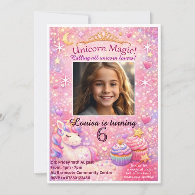 Invitación de cumpleaños con foto de unicornio ros (Anverso)