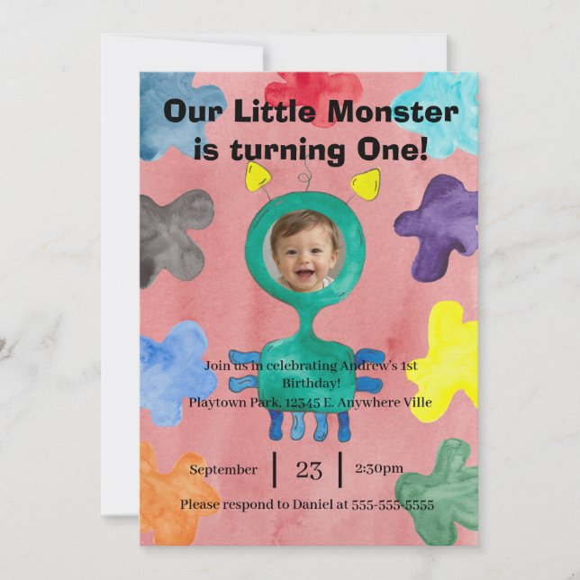 Invitación de cumpleaños con foto del monstruo ver (Anverso)
