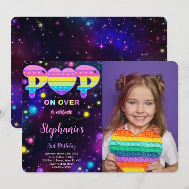 Invitación de cumpleaños con foto editable Pop it (Anverso / Reverso)