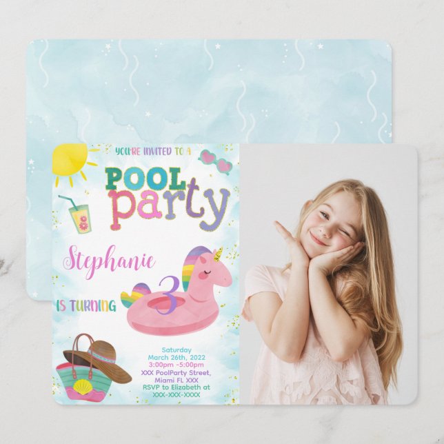 Invitación de Cumpleaños con Foto en Piscina Genia (Anverso / Reverso)