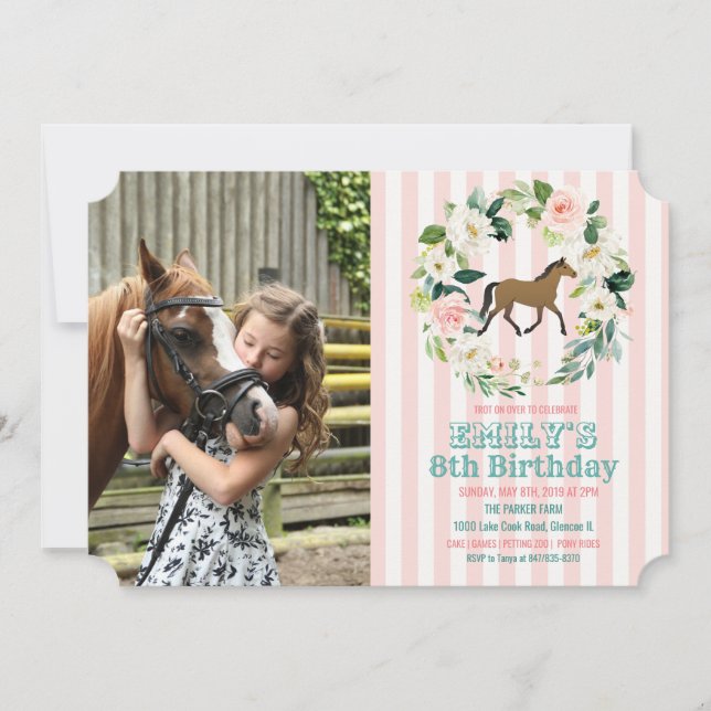 Invitación de cumpleaños con foto floral de caball (Anverso)