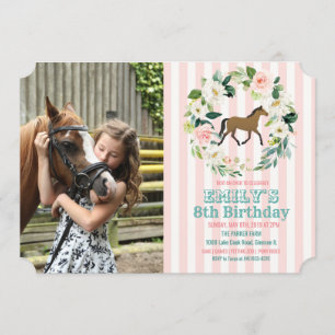 Invitación de cumpleaños con foto floral de caball