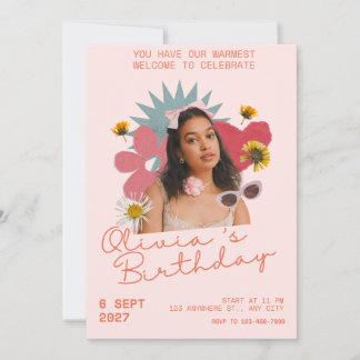 Invitación de cumpleaños con foto floral retro boh