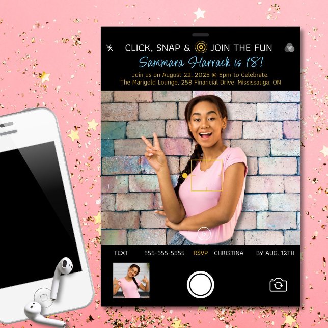 Invitación de Cumpleaños con Foto Instantánea (Fun, modern photo-themed birthday invitation for all ages.)
