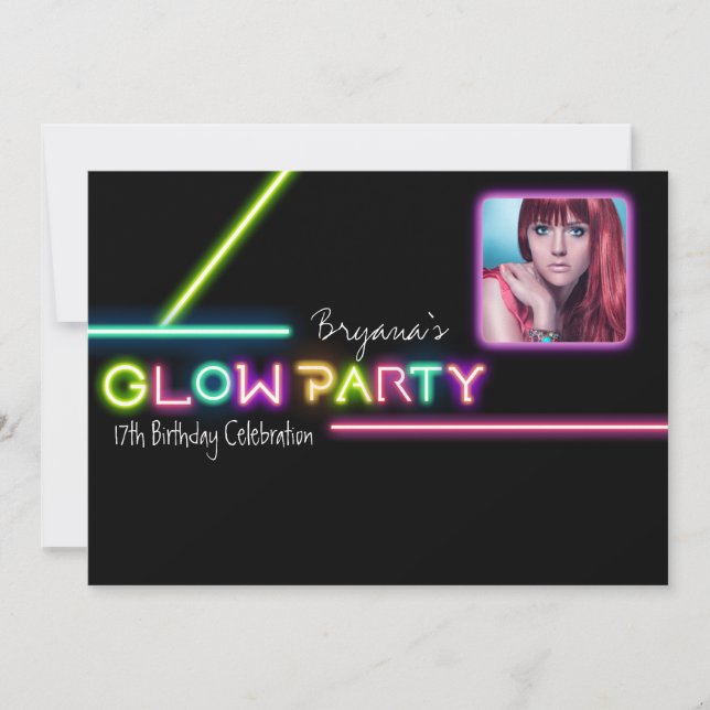 Invitación de cumpleaños con foto neon para fiesta (Anverso)