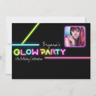 Invitación de cumpleaños con foto neon para fiesta