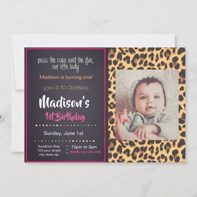Invitación de cumpleaños con foto para chita rosa (Anverso)