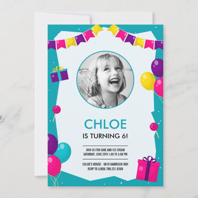Invitación de cumpleaños con foto para fiesta (Anverso)