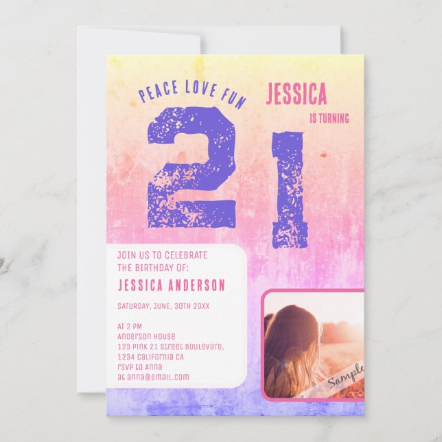 Invitación de cumpleaños con foto rosa grunge (Anverso)