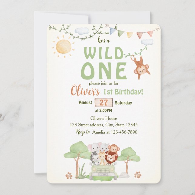 Invitación de cumpleaños con foto Safari Wild One (Anverso)