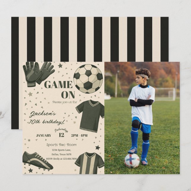 Invitación de cumpleaños con foto temática de fútb (Anverso / Reverso)