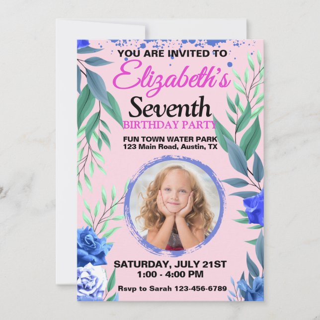 Invitación de cumpleaños con foto tropical rosa pa (Anverso)