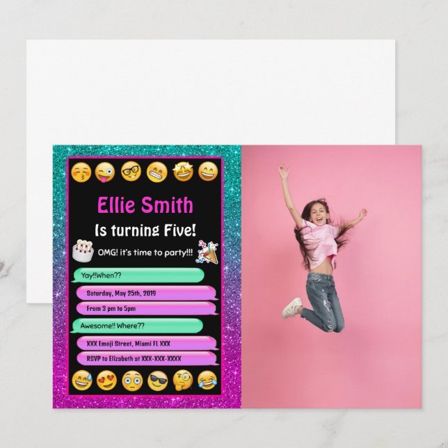Invitación de cumpleaños con foto y emoji editable (Anverso / Reverso)
