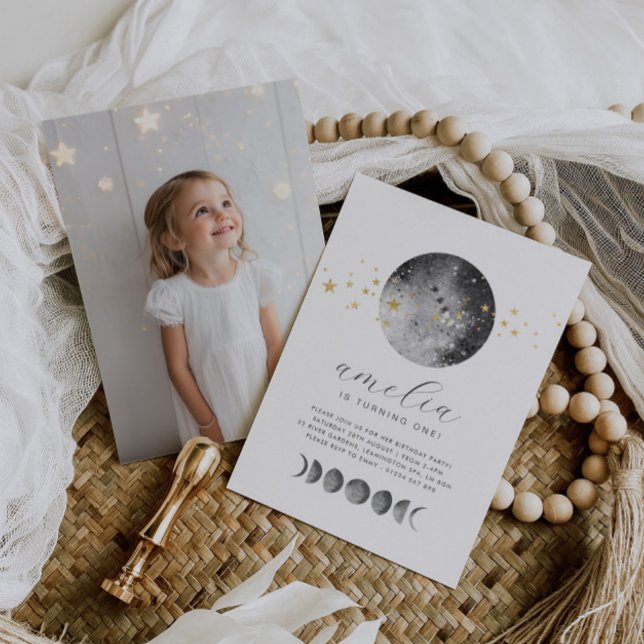 Invitación de cumpleaños con foto y fases lunares  (Zazzle Moon Phases Gold Stars Photo Birthday Invitation)