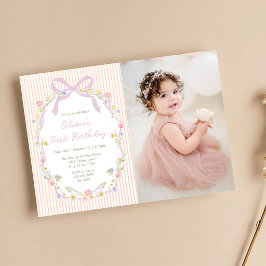 Invitación de cumpleaños con foto y rayas florales