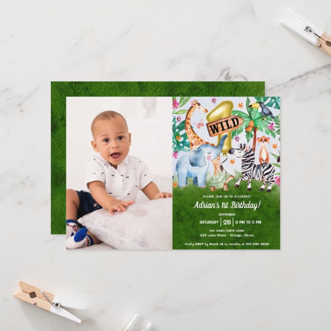 Invitación de Cumpleaños con Fotos de la Jungla de (Anverso/Reverso In Situ)