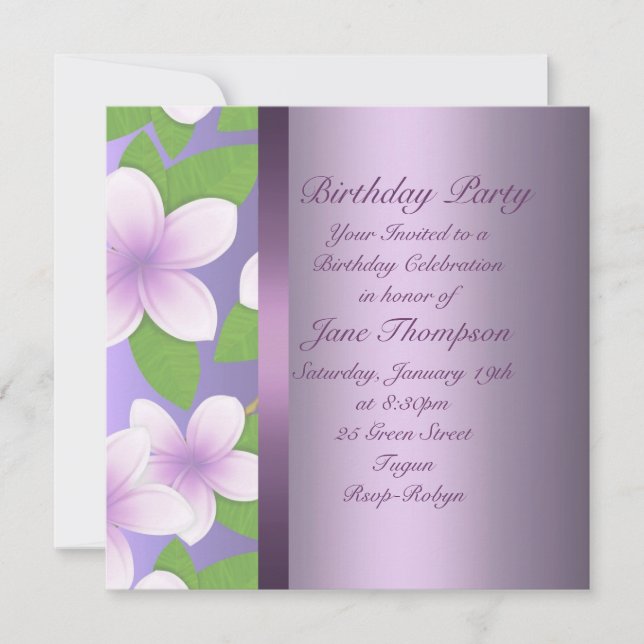 Invitación de cumpleaños con frangipani morado (Anverso)