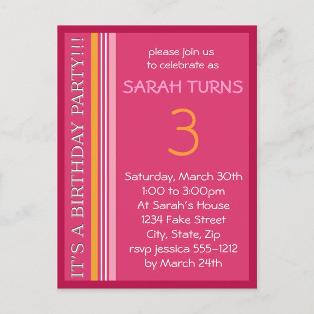 Invitación de cumpleaños con franjas (Anverso)