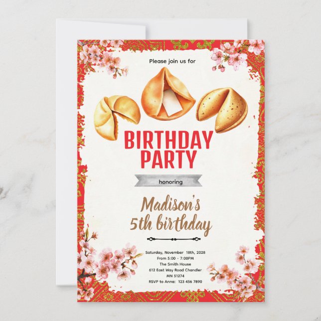 Invitación de cumpleaños con galleta de la fortuna (Anverso)