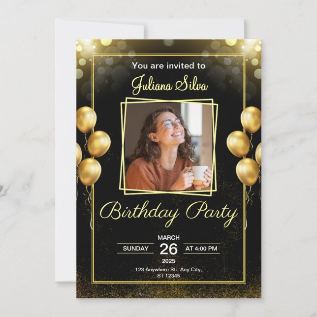 Invitación de cumpleaños con garabatos negros y do (Anverso)